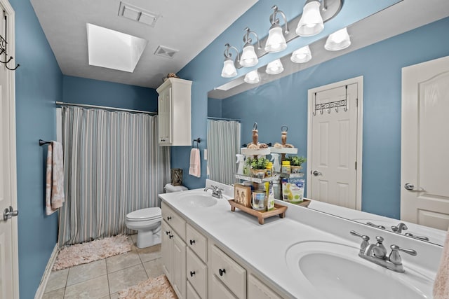 108 Chimney Rock Rd, Beebe, AR 72012 - full bath with a skylight, double vanity, toilet, tile patterned floors, and a shower with curtain