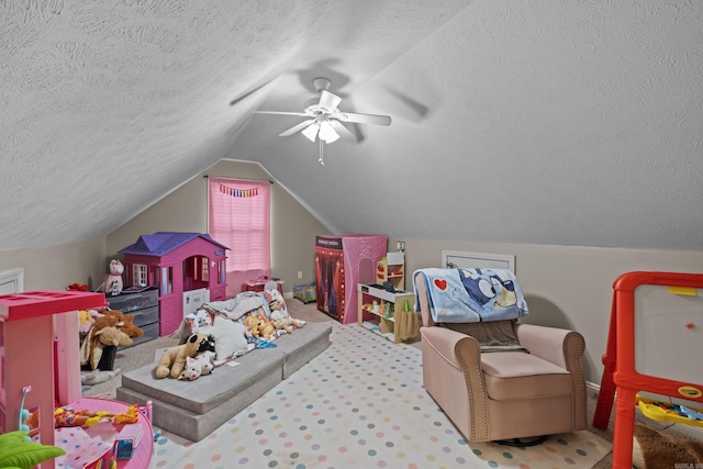 108 Chimney Rock Rd, Beebe, AR 72012 - recreation room featuring a textured ceiling, carpet floors, vaulted ceiling, and ceiling fan