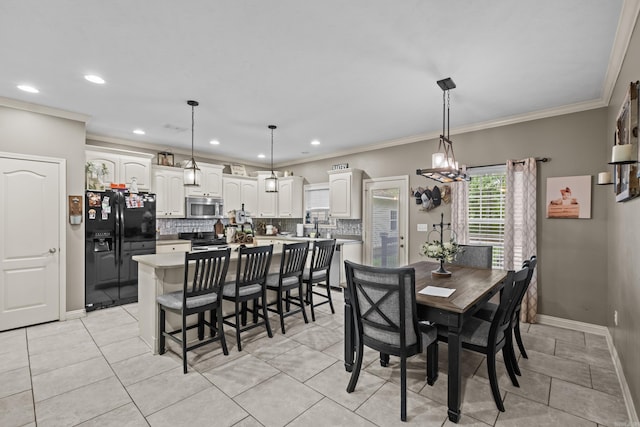 108 Chimney Rock Rd, Beebe, AR 72012 - dining space with recessed lighting, ornamental molding, baseboards, a chandelier, and light tile patterned floors