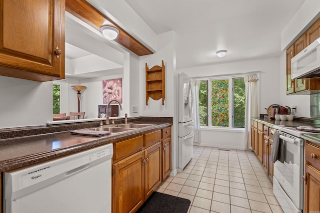 90 Silver Point Dr, Mount Ida, AR 71957 - kitchen with white appliances, a sink, dark countertops, brown cabinets, and light tile patterned floors