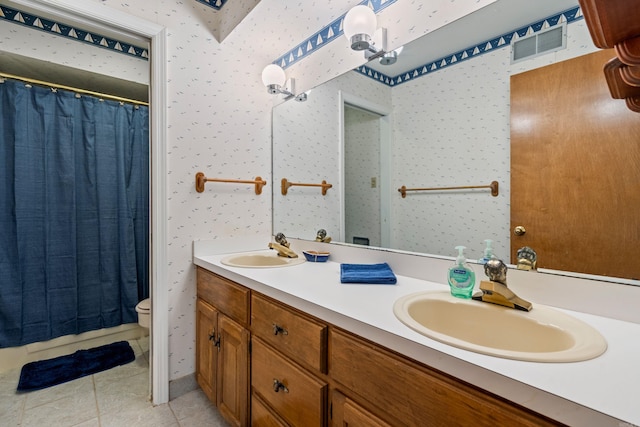 90 Silver Point Dr, Mount Ida, AR 71957 - bathroom with toilet, double vanity, tile patterned flooring, and wallpapered walls