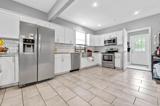 219 W D Ave, North Little Rock, AR 72116 - kitchen featuring appliances with stainless steel finishes, tasteful backsplash, a sink, white cabinetry, and recessed lighting