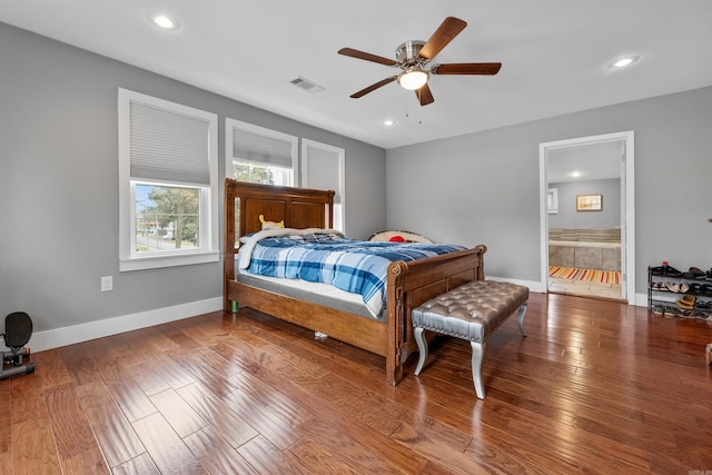 219 W D Ave, North Little Rock, AR 72116 - bedroom featuring wood finished floors, baseboards, recessed lighting, a ceiling fan, and ensuite bath