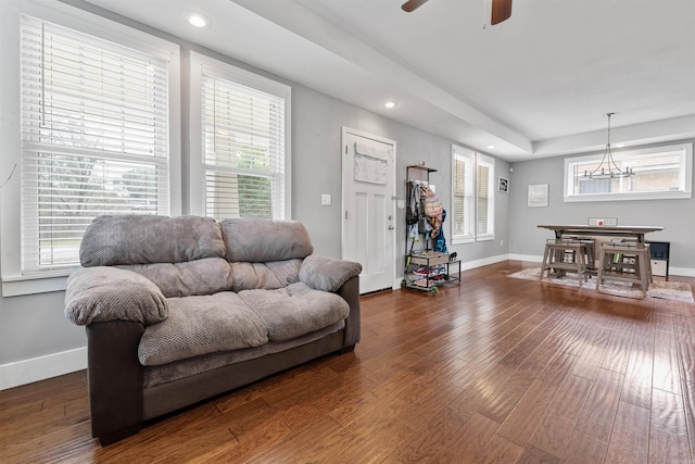 219 W D Ave, North Little Rock, AR 72116 - living area with wood finished floors, baseboards, a chandelier, ceiling fan, and recessed lighting