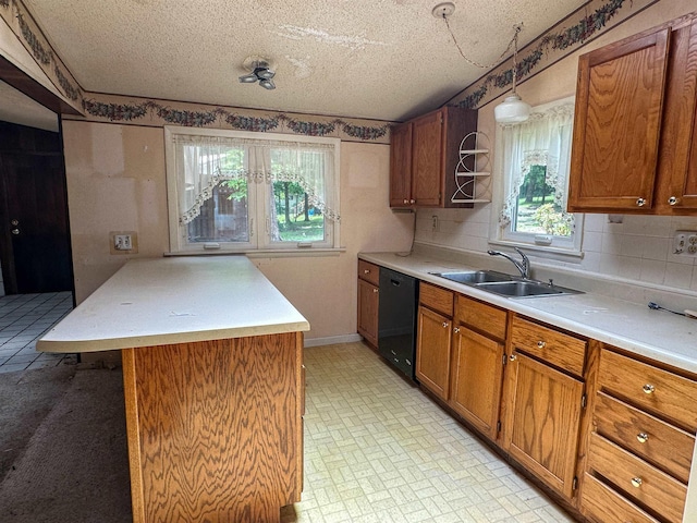 33 W Lakeshore Dr, Cherokee Village, AR 72529 - kitchen with dishwasher, a sink, brown cabinets, light countertops, and a textured ceiling