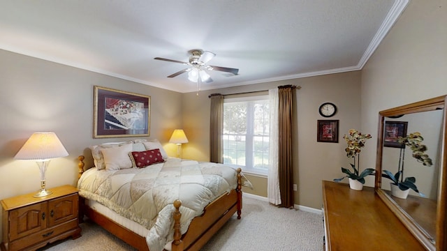 bedroom with light colored carpet, crown molding, baseboards, and a ceiling fan