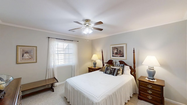 bedroom with light carpet, baseboards, ornamental molding, and a ceiling fan