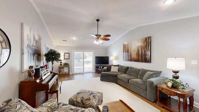 living area with wood finished floors, vaulted ceiling, ceiling fan, and recessed lighting