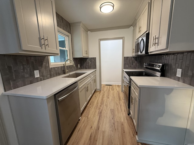 kitchen with appliances with stainless steel finishes, a sink, light wood-type flooring, light countertops, and decorative backsplash