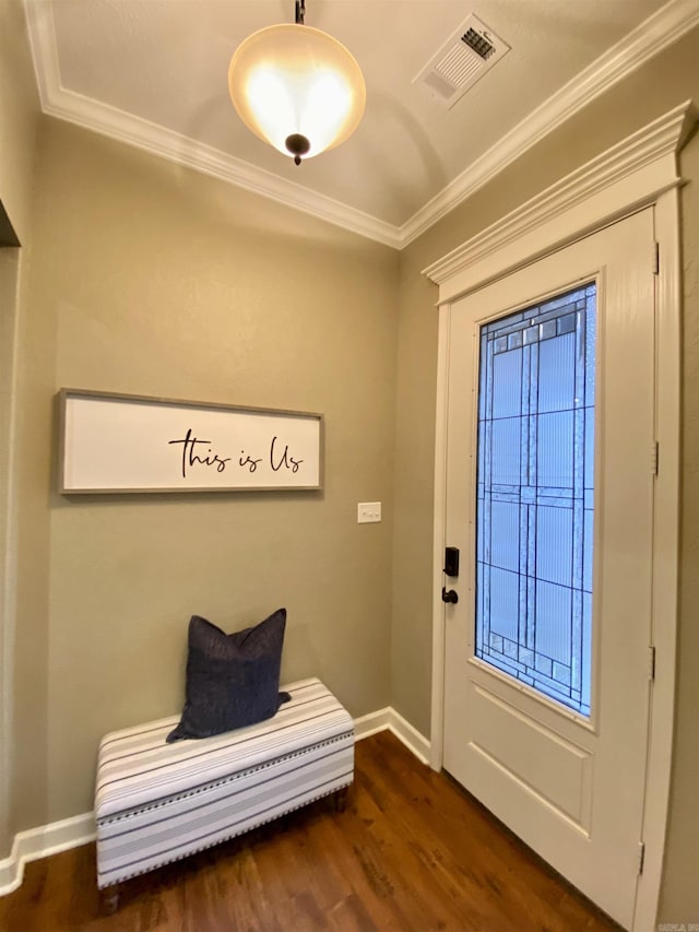 3008 Lilly Ln, Benton, AR 72019 - entryway with baseboards, dark wood-type flooring, and crown molding