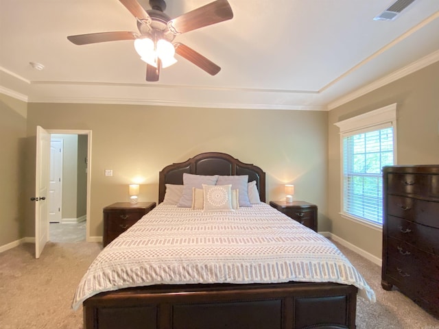 3008 Lilly Ln, Benton, AR 72019 - bedroom featuring light colored carpet, crown molding, baseboards, and a ceiling fan