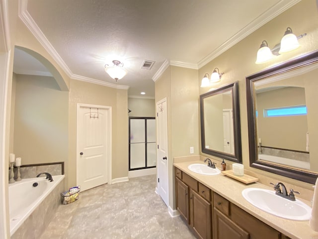 3008 Lilly Ln, Benton, AR 72019 - full bath featuring a stall shower, a garden tub, double vanity, ornamental molding, and a textured ceiling