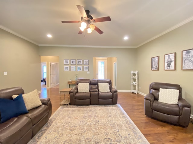 3008 Lilly Ln, Benton, AR 72019 - living room with a ceiling fan, dark wood-type flooring, recessed lighting, baseboards, and crown molding