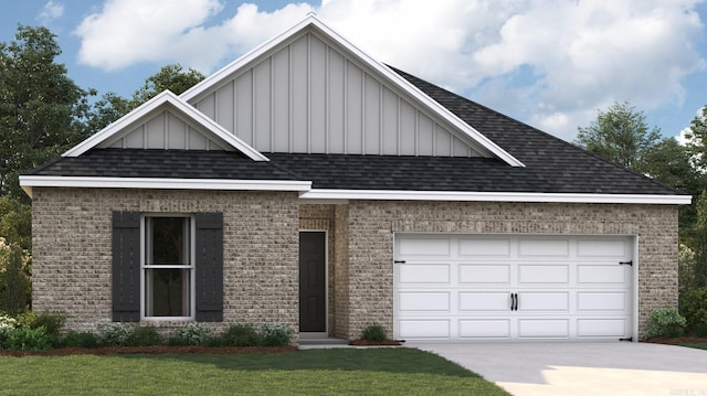 view of front facade with board and batten siding, a shingled roof, brick siding, and concrete driveway