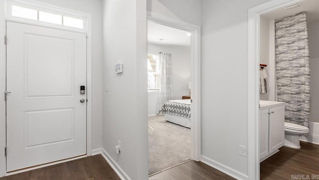 entryway with healthy amount of natural light, dark wood finished floors, and baseboards
