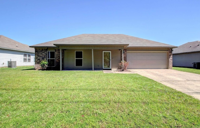 9808 Lanehart Rd, Little Rock, AR 72204 - view of front of property with a garage, driveway, a front yard, central AC unit, and brick siding