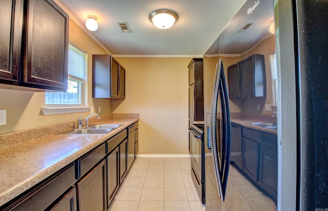 9808 Lanehart Rd, Little Rock, AR 72204 - kitchen featuring a sink, ornamental molding, baseboards, light tile patterned flooring, and dark brown cabinets
