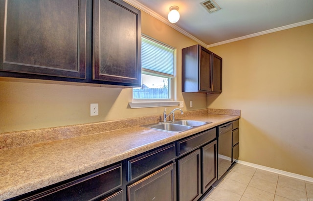 9808 Lanehart Rd, Little Rock, AR 72204 - kitchen with a sink, ornamental molding, black dishwasher, dark brown cabinetry, and light tile patterned floors