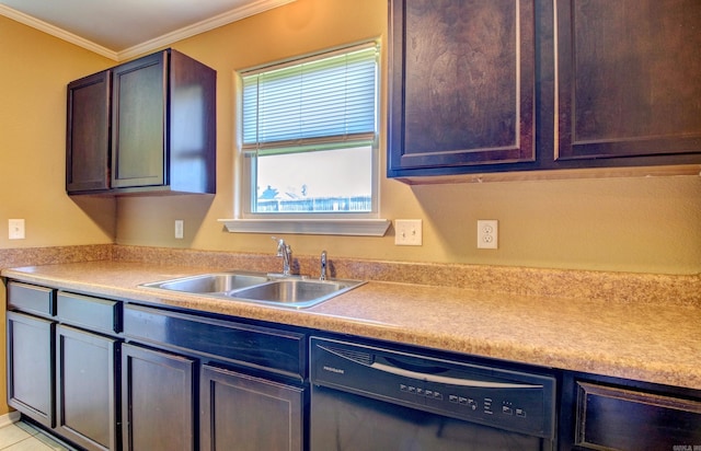 9808 Lanehart Rd, Little Rock, AR 72204 - kitchen with a sink, dishwasher, ornamental molding, light countertops, and dark brown cabinets