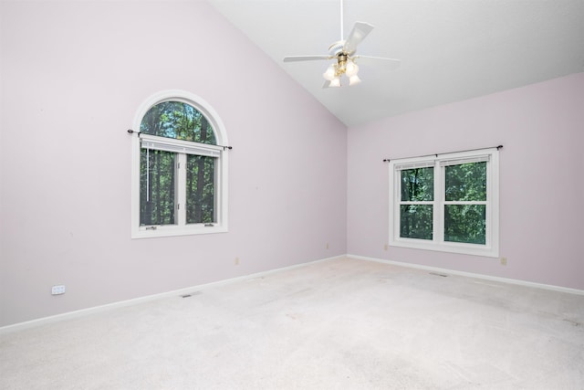 29 Barcelona Way, Hot Springs Village, AR 71909 - spare room with light colored carpet, ceiling fan, baseboards, and high vaulted ceiling