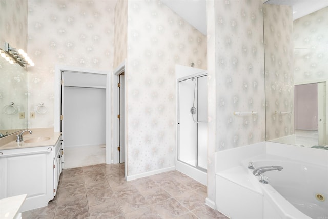 29 Barcelona Way, Hot Springs Village, AR 71909 - bathroom featuring wallpapered walls, vanity, a whirlpool tub, a stall shower, and baseboards