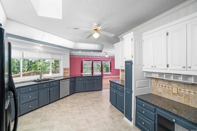 29 Barcelona Way, Hot Springs Village, AR 71909 - kitchen featuring dishwasher, a sink, ceiling fan, white cabinets, and a textured ceiling