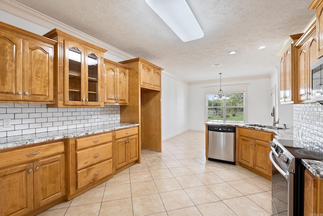 6 Donnie Cv, Greenbrier, AR 72058 - kitchen with appliances with stainless steel finishes, a sink, glass insert cabinets, tasteful backsplash, and ornamental molding