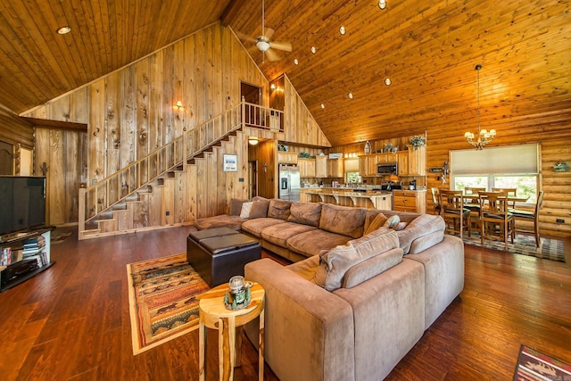 389 Tortoise Bay Rd, Higden, AR 72067 - living room with high vaulted ceiling, stairway, a ceiling fan, wood ceiling, and dark wood-style floors