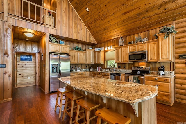 389 Tortoise Bay Rd, Higden, AR 72067 - kitchen with stainless steel appliances, high vaulted ceiling, light stone counters, wooden ceiling, and a center island