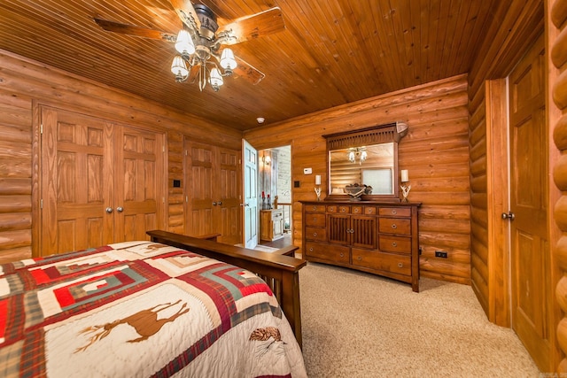 389 Tortoise Bay Rd, Higden, AR 72067 - carpeted bedroom featuring log walls, wooden ceiling, and a ceiling fan