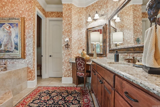 4 Dressage Ct, Little Rock, AR 72223 - bathroom featuring wallpapered walls, crown molding, vanity, baseboards, and tile patterned floors