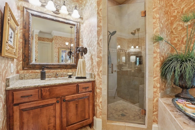 4 Dressage Ct, Little Rock, AR 72223 - bathroom featuring ornamental molding, vanity, a shower stall, wallpapered walls, and a bath