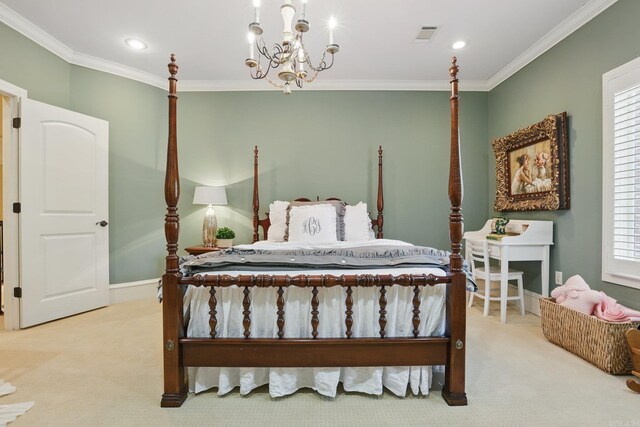 4 Dressage Ct, Little Rock, AR 72223 - bedroom featuring carpet flooring, crown molding, recessed lighting, baseboards, and a chandelier