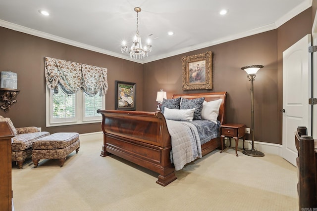 4 Dressage Ct, Little Rock, AR 72223 - bedroom with carpet flooring, a chandelier, ornamental molding, recessed lighting, and baseboards