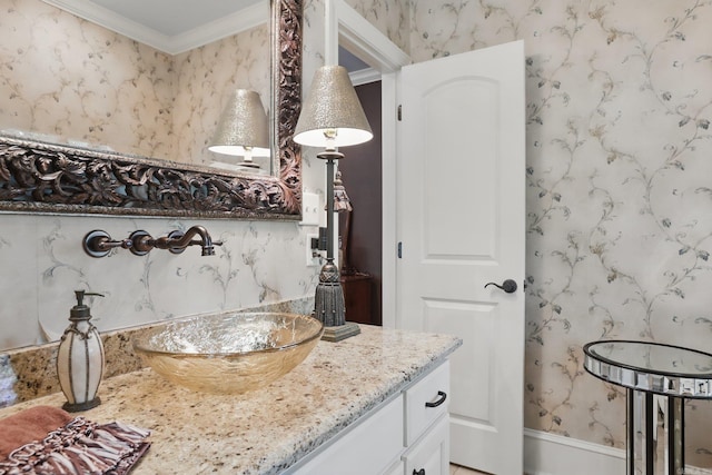 4 Dressage Ct, Little Rock, AR 72223 - bathroom with wallpapered walls, vanity, and ornamental molding
