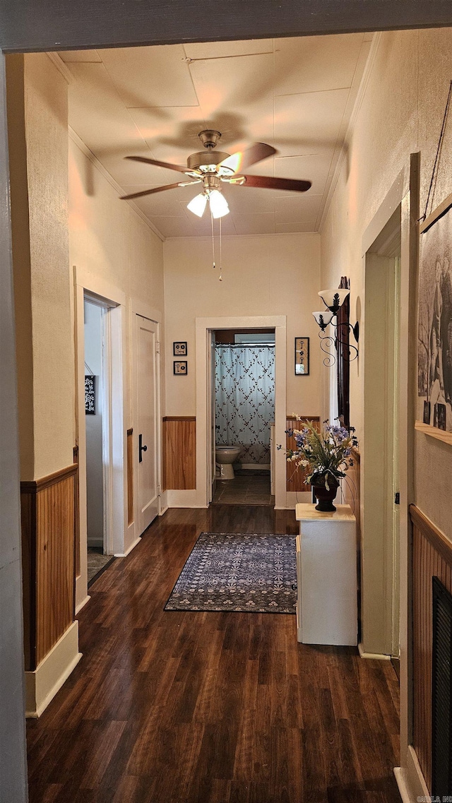 620 W 3rd St, Rector, AR 72461 - hall featuring crown molding, wood finished floors, and a wainscoted wall