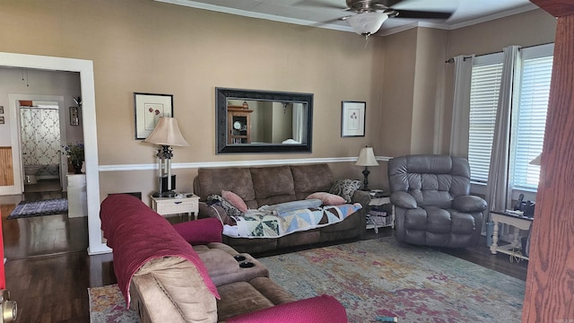 620 W 3rd St, Rector, AR 72461 - living room featuring wood finished floors, healthy amount of natural light, ceiling fan, and ornamental molding