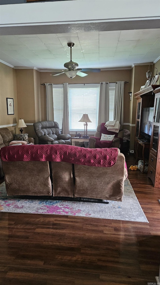 620 W 3rd St, Rector, AR 72461 - living room with crown molding, wood finished floors, and ceiling fan