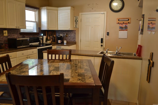 423 W Saint Louis St, Hot Springs, AR 71913 - kitchen with stainless steel microwave, black electric range oven, decorative backsplash, white cabinetry, and dark countertops