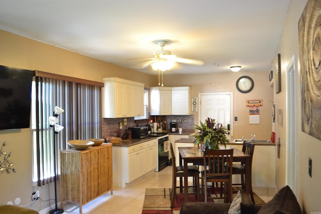 423 W Saint Louis St, Hot Springs, AR 71913 - kitchen featuring electric range, ceiling fan, tasteful backsplash, light tile patterned flooring, and dark countertops