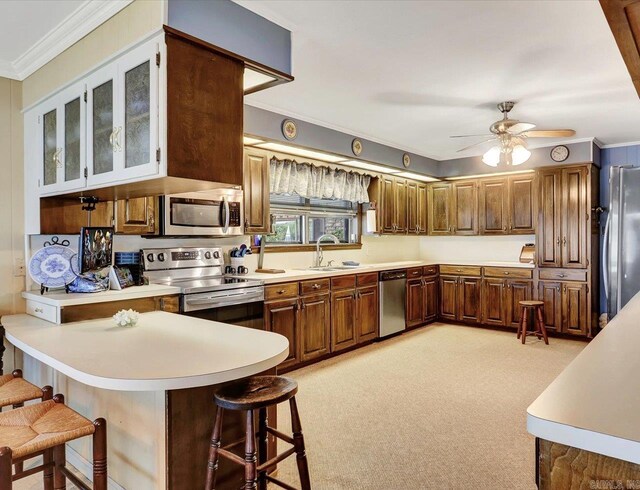 190 Woodlore Pt, Hot Springs, AR 71913 - kitchen featuring appliances with stainless steel finishes, a sink, a kitchen breakfast bar, crown molding, and a peninsula