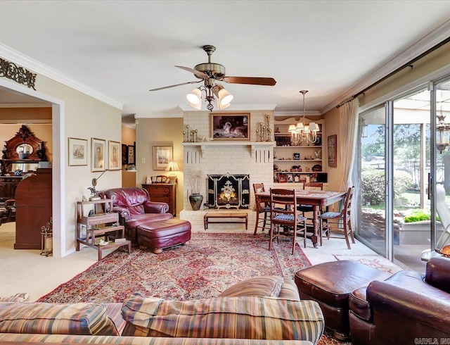 190 Woodlore Pt, Hot Springs, AR 71913 - carpeted living area featuring a ceiling fan, a fireplace, crown molding, and a chandelier
