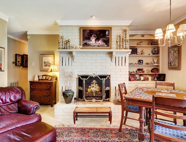 190 Woodlore Pt, Hot Springs, AR 71913 - living room with ornamental molding, a chandelier, and a brick fireplace