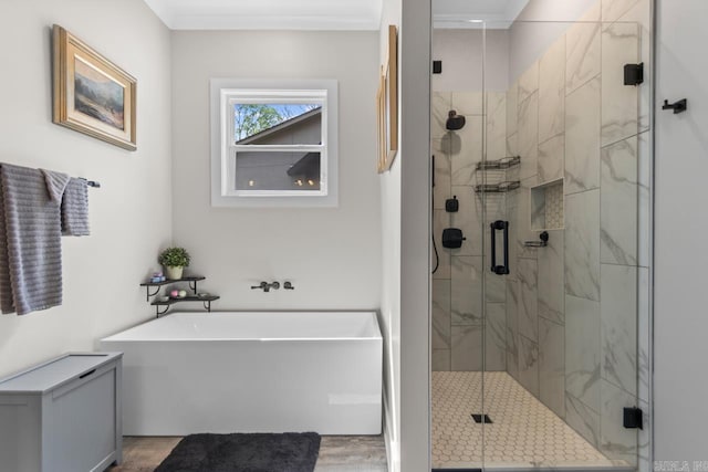 6020 Centark Ct, Alexander, AR 72002 - bathroom with a tub to relax in, a marble finish shower, wood finished floors, and ornamental molding