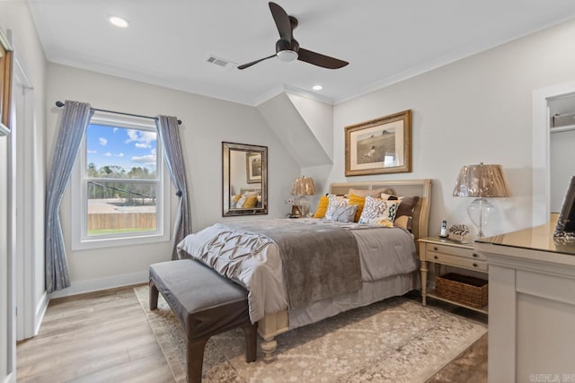 6020 Centark Ct, Alexander, AR 72002 - bedroom featuring ornamental molding, light wood-style floors, baseboards, recessed lighting, and ceiling fan