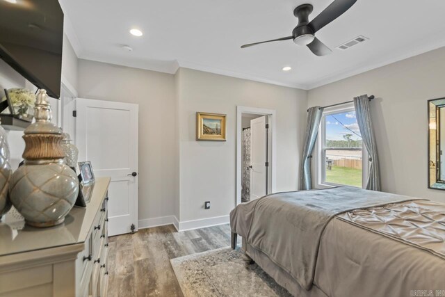 6020 Centark Ct, Alexander, AR 72002 - bedroom with light wood-type flooring, recessed lighting, baseboards, crown molding, and ceiling fan