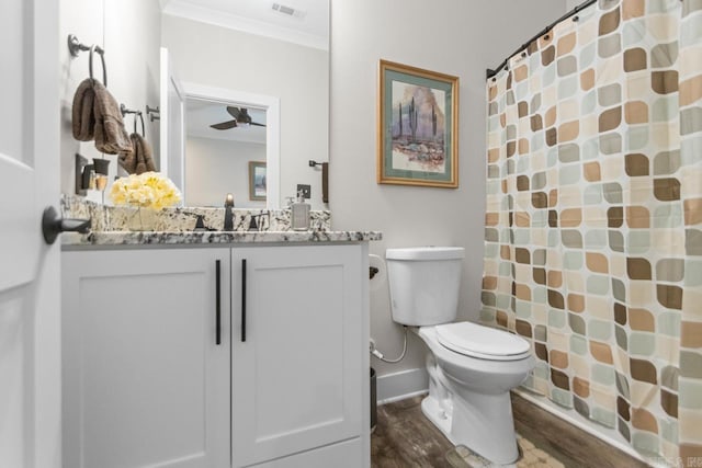 6020 Centark Ct, Alexander, AR 72002 - full bathroom with vanity, toilet, wood finished floors, crown molding, and curtained shower