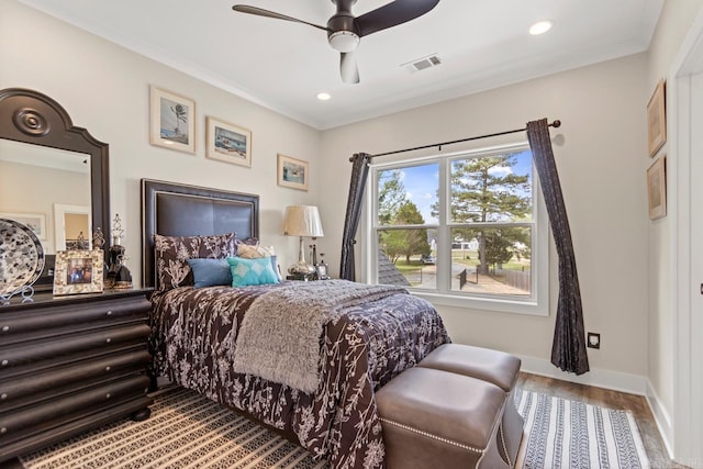 6020 Centark Ct, Alexander, AR 72002 - bedroom featuring baseboards, recessed lighting, ornamental molding, ceiling fan, and wood finished floors