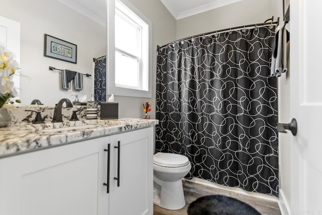 6020 Centark Ct, Alexander, AR 72002 - full bathroom with crown molding, toilet, vanity, wood finished floors, and a shower with curtain
