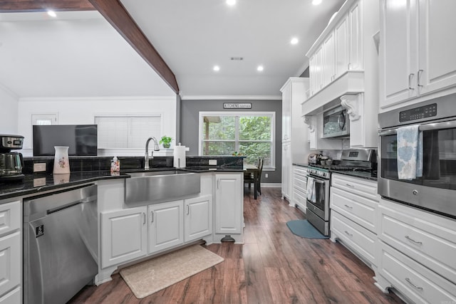 480 Shoat Trl, Hot Springs, AR 71913 - kitchen with appliances with stainless steel finishes, a sink, ornamental molding, white cabinetry, and recessed lighting